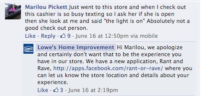 Lowe's Home Improvement comment on Facebook