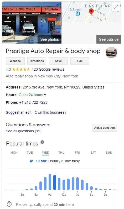 Prestige Auto Repair Google My Business Page