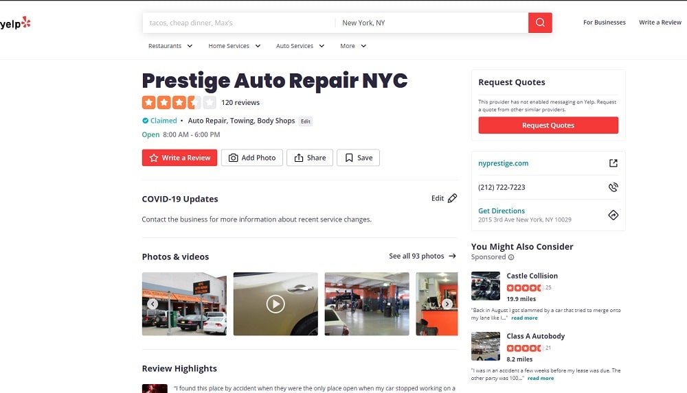 Prestige Auto Repair Yelp Page