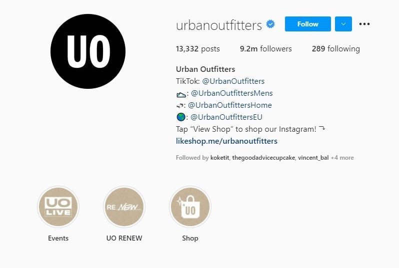 urban outfitters Instagram