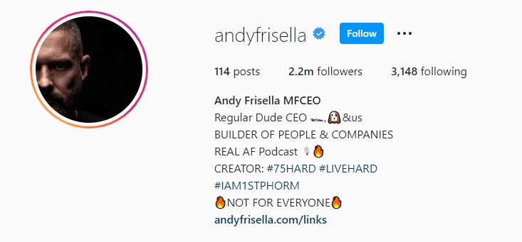 Andy Frisella Instagram bio