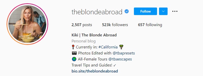 The Blonde Abroad Instagram bio
