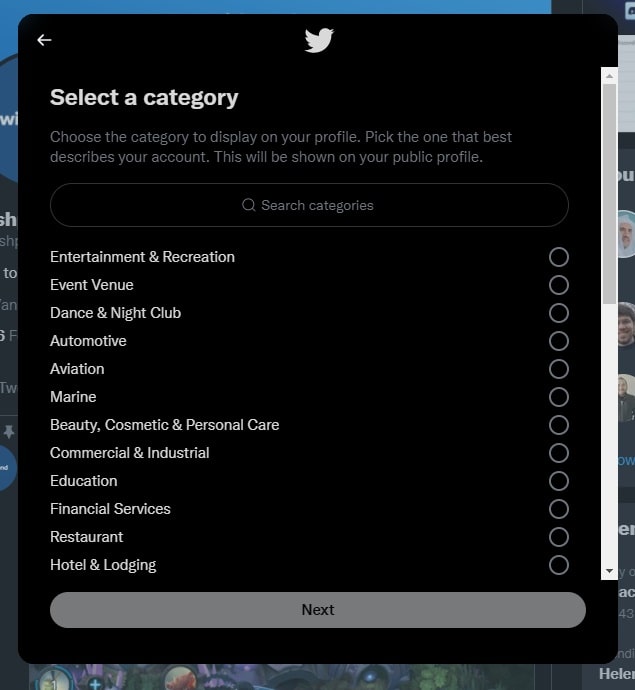 Twitter Web Select Category