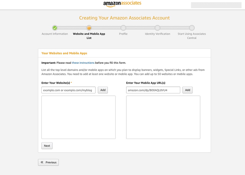 Amazon Associate Add Website Address