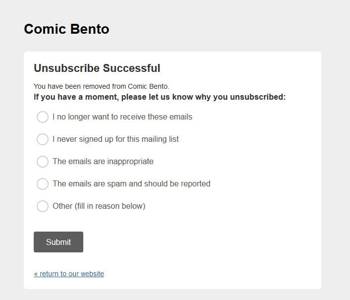 Comic Bento Unsubscribe Survey