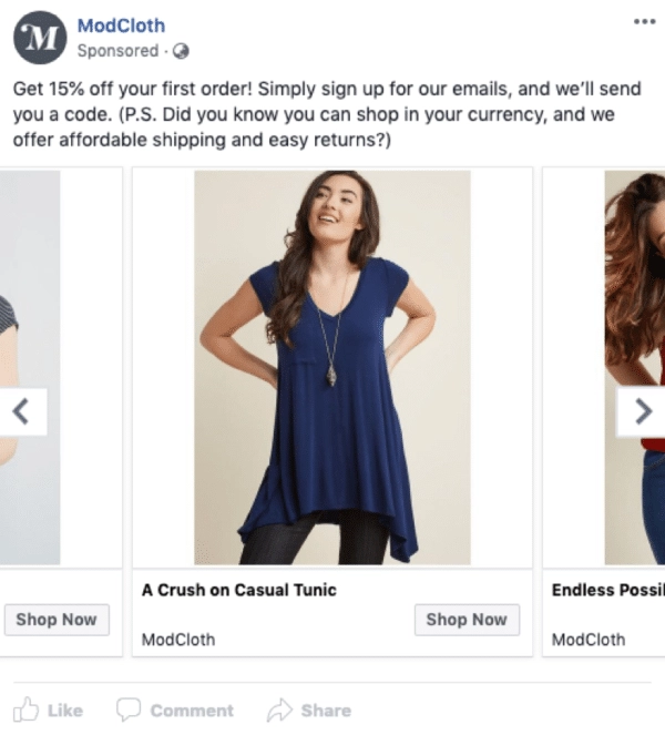 Facebook ads for eCommerce example